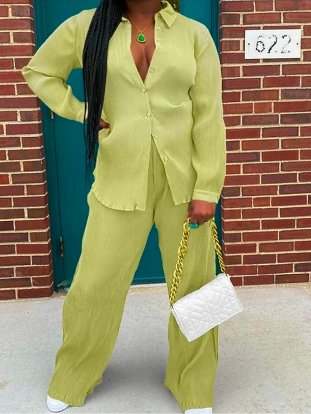 NWOT- Lime Green Two-Piece Shirt & Wide-Leg Pant Set